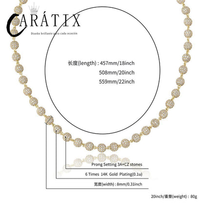 CARÁTIX 8mm Iced Out Beads Link Chain Necklace – CZ Hip Hop Bling Choker Jewelry for Men & Women | Rapper Gift