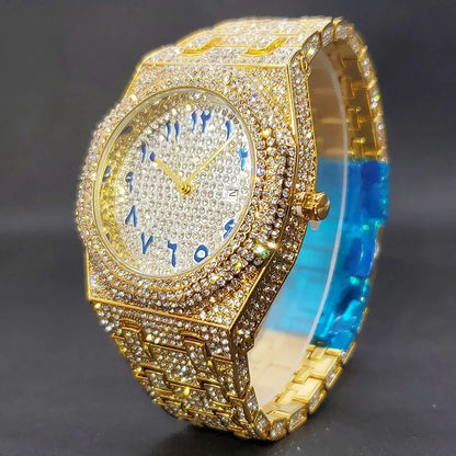Luxury Octagonal Gold Watch for Men | Blue Numerals Full Iced Out Watch | Waterproof Calendar Hip Hop Wristwatch | Caratix - CaratixJewelry
