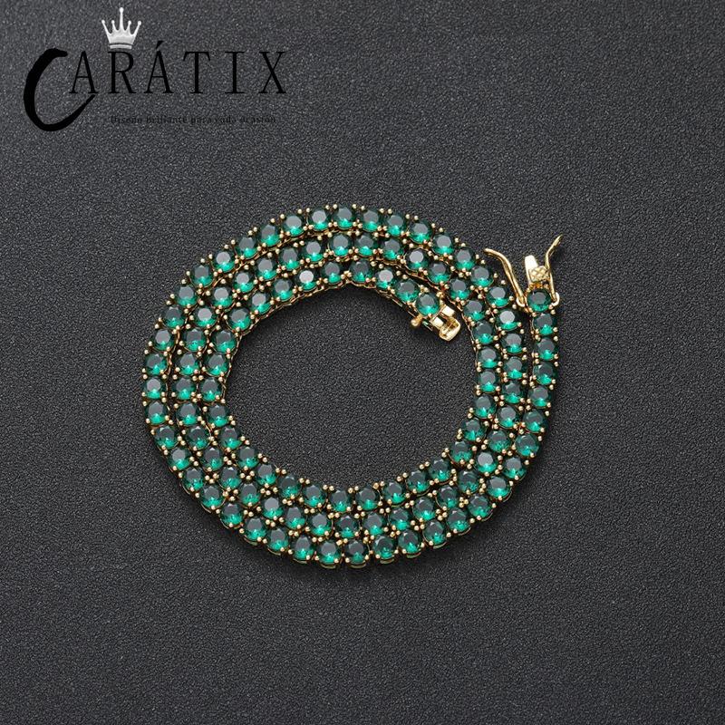 CARÁTIX - 4mm Hip Hop Green Zircon Set Bling Iced Out 1 Row CZ Stone Tennis Link Chain Chokers Necklaces for Men Women Rapper Jewelry Valentine's Day Gift for Men & Girls & Boys Mothers' Day Gift #Springtok