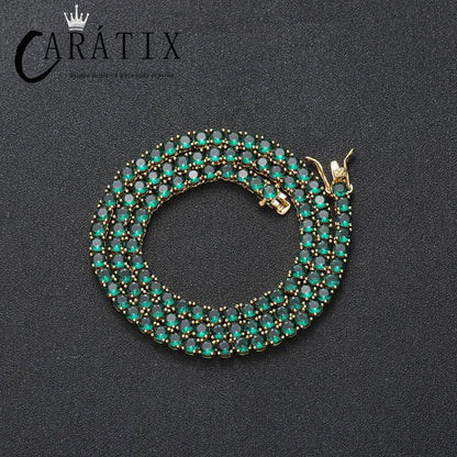 CARÁTIX - 4mm Hip Hop Green Zircon Set Bling Iced Out 1 Row CZ Stone Tennis Link Chain Chokers Necklaces for Men Women Rapper Jewelry Valentine's Day Gift for Men & Girls & Boys Mothers' Day Gift #Springtok