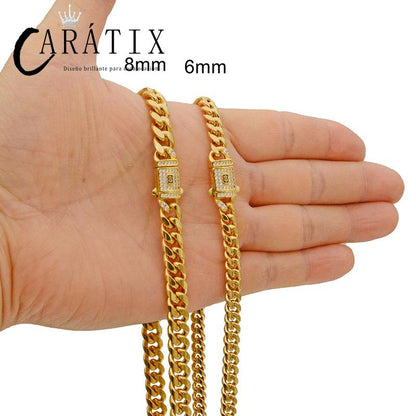 CARÁTIX Golden Stainless Steel Cuban Chain | CZ Box Lock Iced Out Hip Hop Necklace for Men
