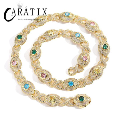 CARÁTIX Hip Hop Round Cuban Chain Necklace – Colorful CZ Iced Out Infinity Link Jewelry for Men & Women