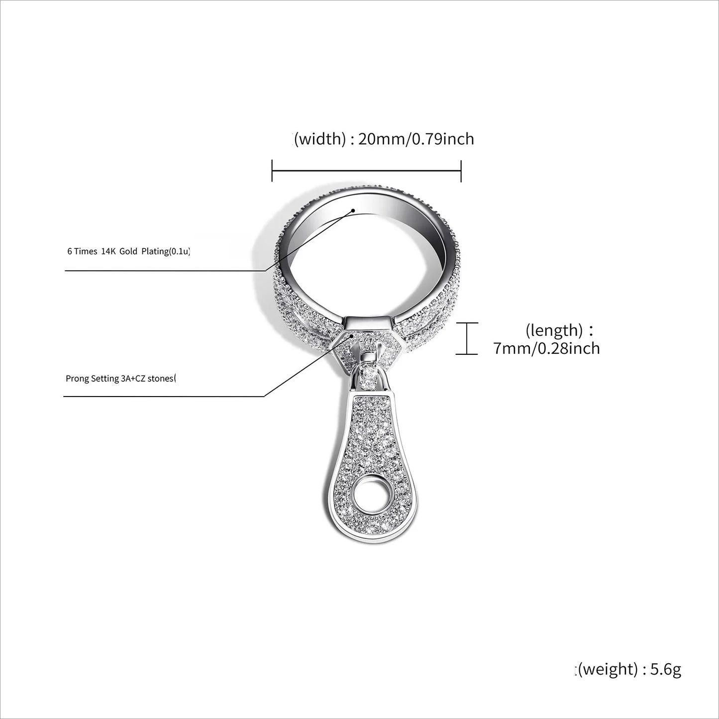 Unique Zipper Puller Hip Hop Ring | Iced Out Zirconia Band | Caratix
