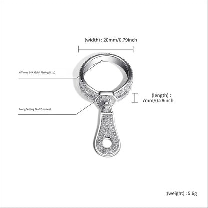 Unique Zipper Puller Hip Hop Ring | Iced Out Zirconia Band | Caratix