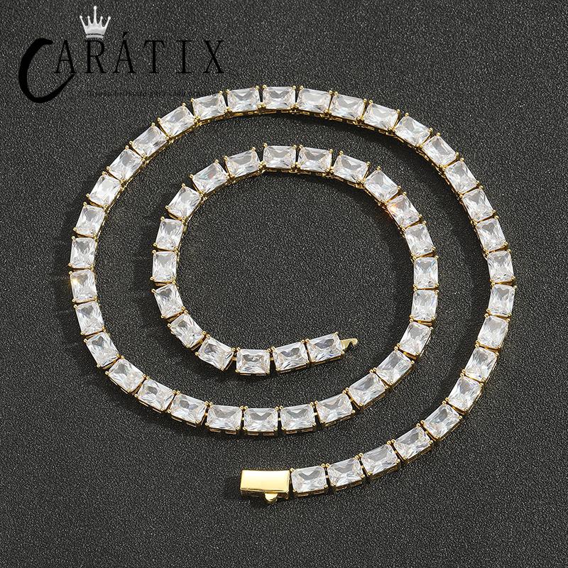 CARÁTIX Square CZ Tennis Chain | Iced Out Spring Buckle Hip Hop Necklace for Men & Women