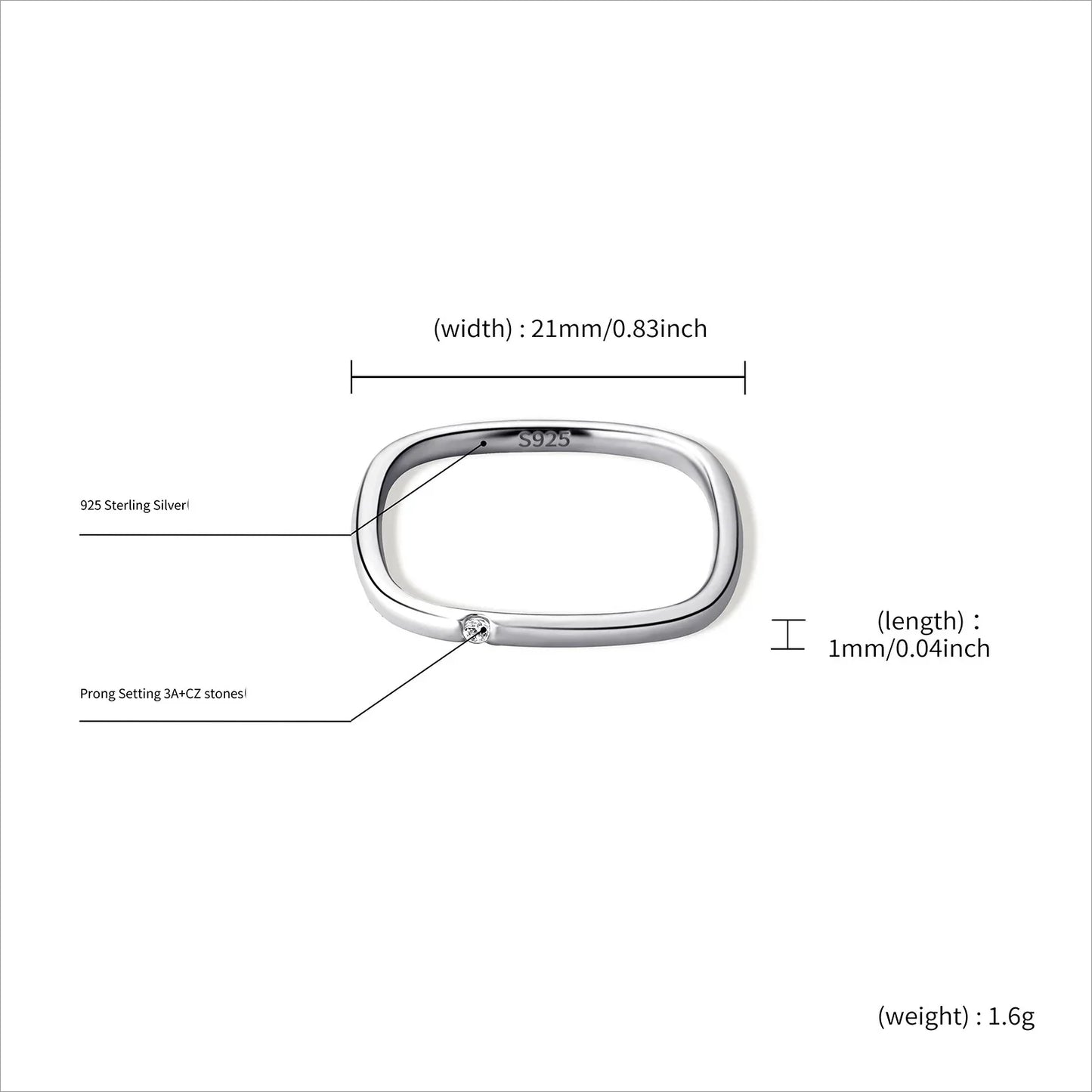S925 Sterling Silver Square Zirconia Ring | Unisex Solitaire Band | Caratix