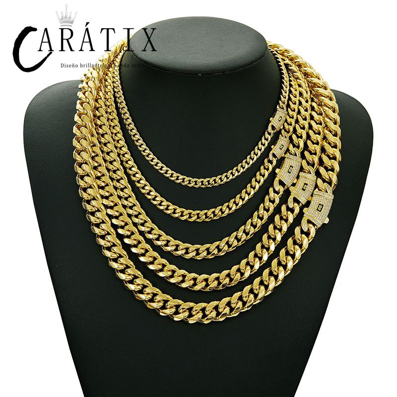 CARÁTIX Gold Stainless Steel Cuban Link Chain Necklace – CZ Iced Out Hip Hop Bling Jewelry for Men | Box Lock Rapper Gift