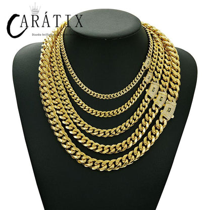 CARÁTIX Gold Stainless Steel Cuban Link Chain Necklace – CZ Iced Out Hip Hop Bling Jewelry for Men | Box Lock Rapper Gift