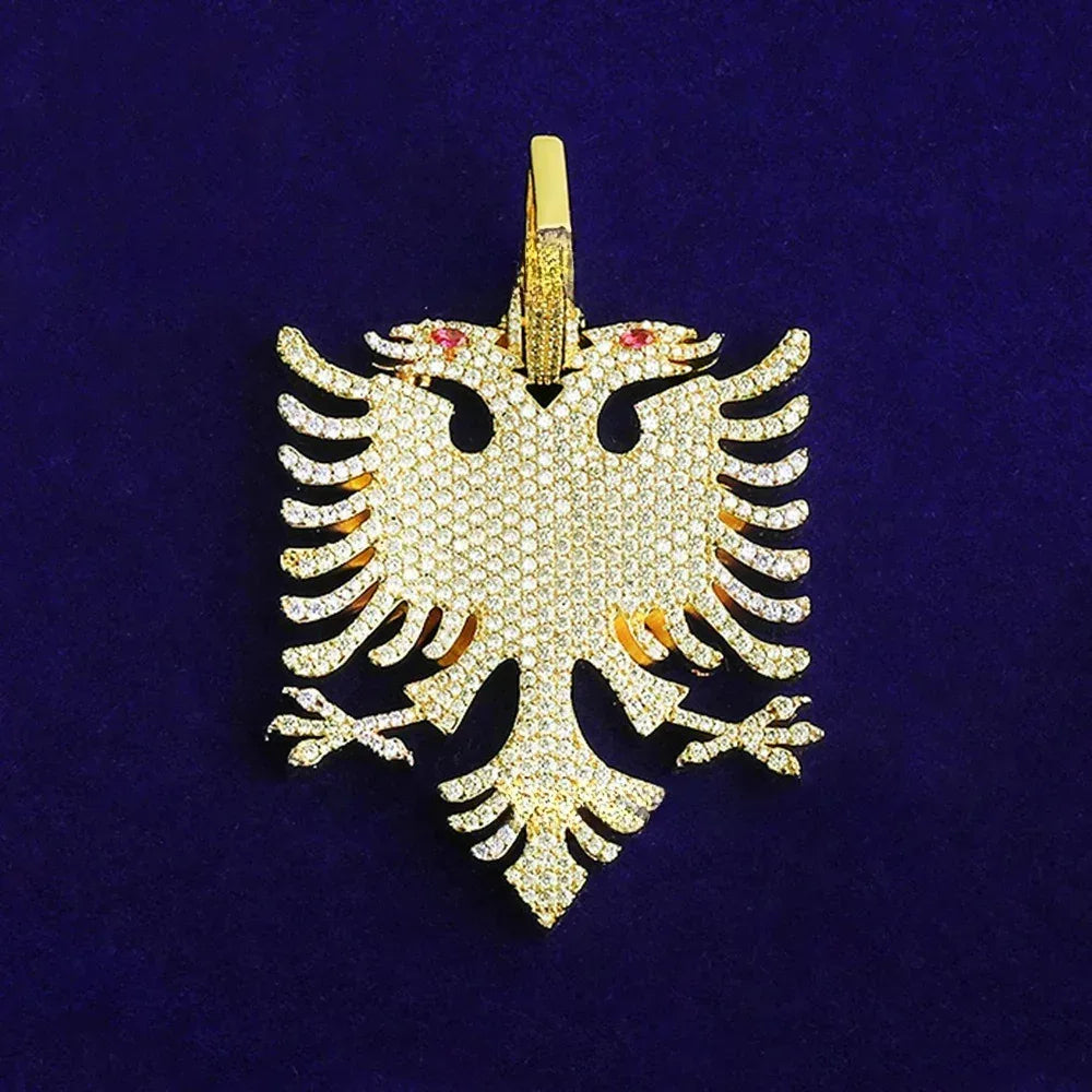 Iced Out Albanian Double-Headed Eagle Pendant | Men's Real Copper CZ Necklace - CaratixJewelry