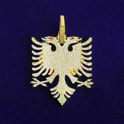 Iced Out Albanian Double-Headed Eagle Pendant | Men's Real Copper CZ Necklace - CaratixJewelry