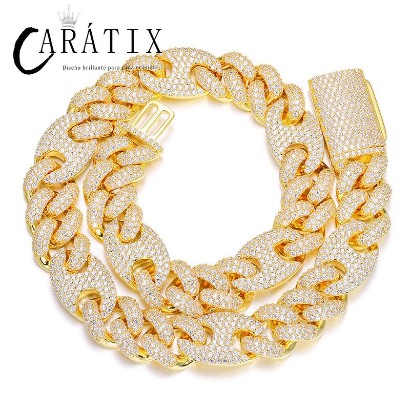 CARÁTIX - 20mm wide Hip Hop 5A+ CZ Stone Paved Bling Iced Out Solid Coffee Bean Cuban Miami Link Chain Necklaces for Men Rapper Jewelry Valentine's Day Gift for Men & Girls & Boys Mothers' Day Gift #Springtok