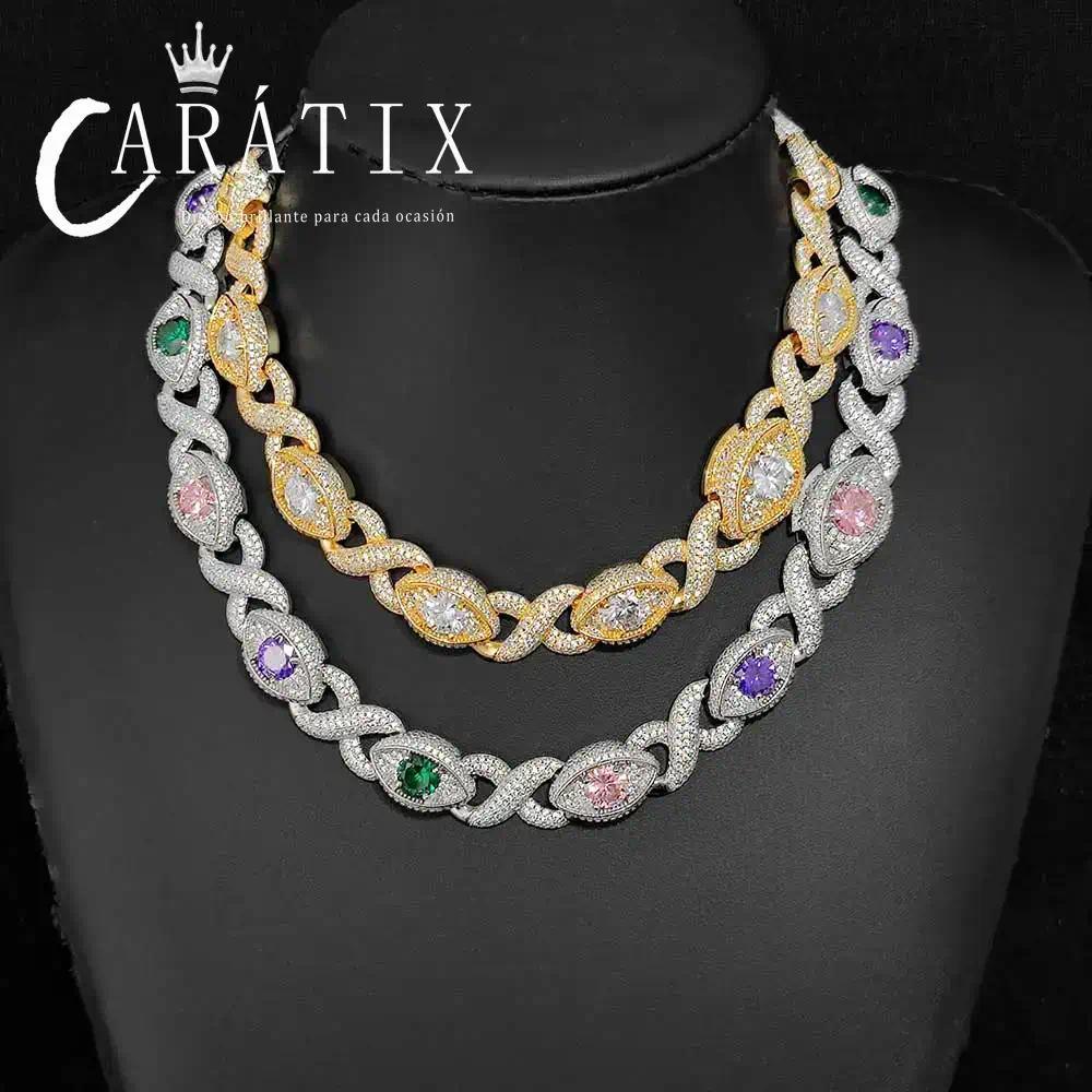 CARÁTIX Evil Eye Cuban Link Chain Necklace – CZ Color Zircon Iced Out Hip Hop Jewelry for Women & Men | White Bling Gift