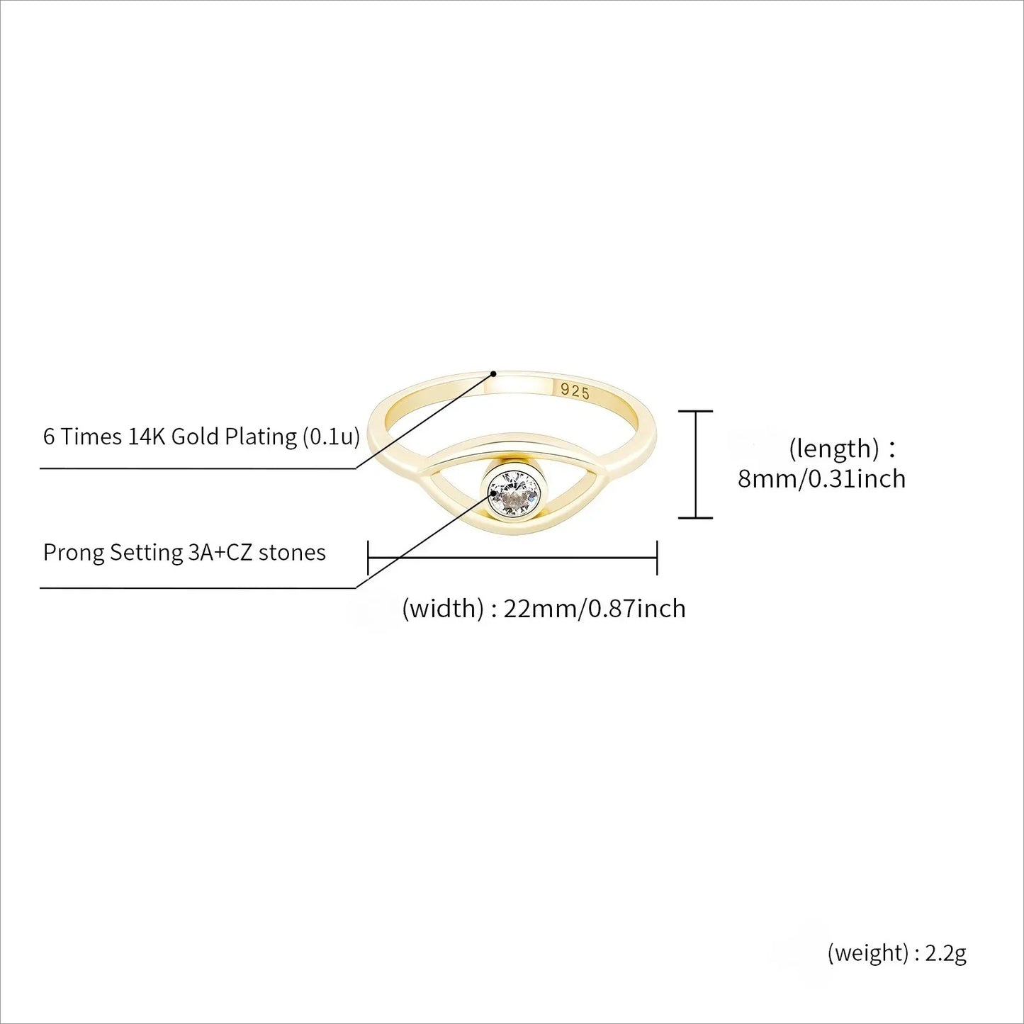 Solid 925 Sterling Silver Evil Eye Ring | Protective Amulet Band | Caratix