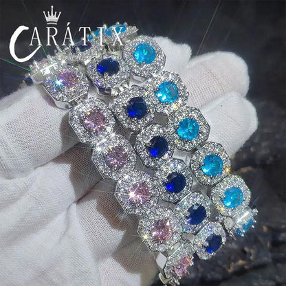 CARÁTIX -Luxury 12MM Colorful  Zircon Tennis Chain Bracelet Shiny CZ Silver plated Women's Fashion Jewelry Bangle Couple Valentine's Day Gift for Men & Girls & Boys Mothers' Day Gift #Springtok