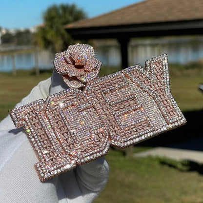 Rising Rose Edition Iced Out Personalized Custom Name Necklace Pendant with Rose Flower Bail - Luxury Jewelry