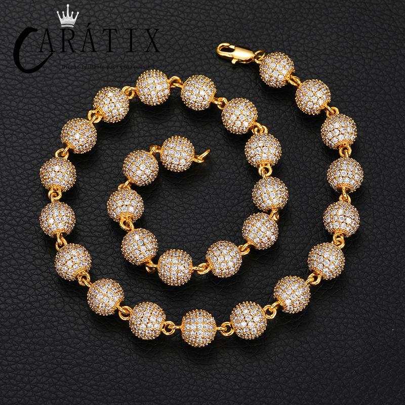 CARÁTIX 10mm Beads Link Chain Necklace – Full CZ Iced Out Hip Hop Bling Jewelry for Men & Women | Rapper Choker Gift