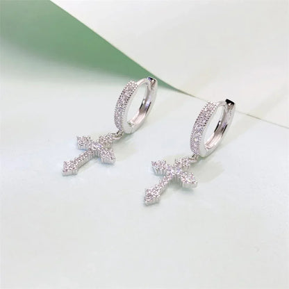 S925 Silver Cross Design Moissanite Hoop Stud Earrings Unisex - CaratixJewelry
