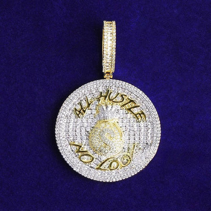 Iced Out "ALL HUSTLE NO LUCK" Medallion | Men's Round Letter Pendant - CaratixJewelry