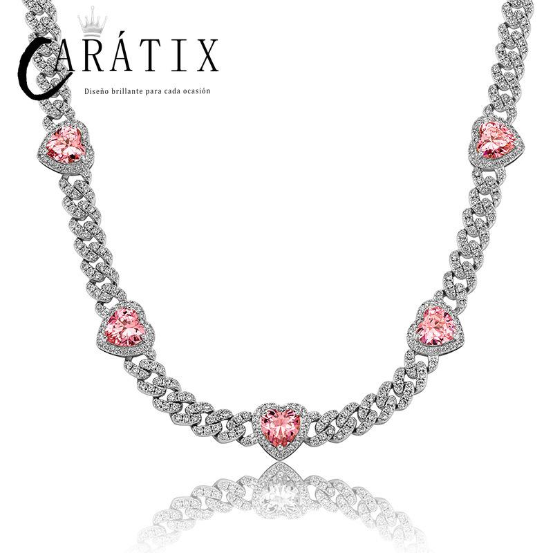 CARÁTIX Heart Cuban Link Chain Necklace – Claw Setting Zircon Iced Out Hip Hop Bling Jewelry for Men | Rapper Gift
