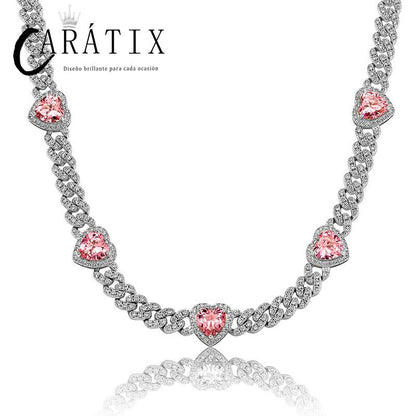 CARÁTIX Heart Cuban Link Chain Necklace – Claw Setting Zircon Iced Out Hip Hop Bling Jewelry for Men | Rapper Gift