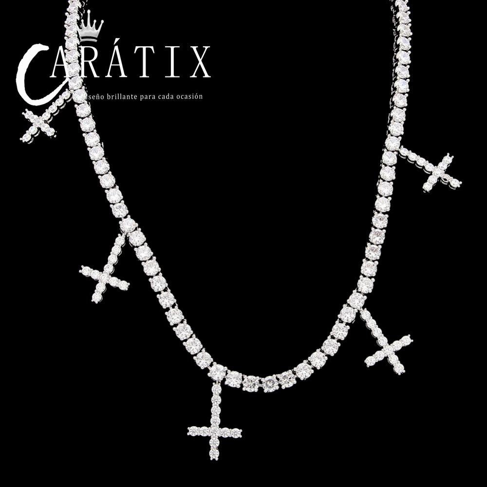 CARÁTIX Hip Hop Iced Out 1-Row CZ Tennis Chain Necklace with 5 CZ Cross Pendants – Luxury Jewelry for Men & Women