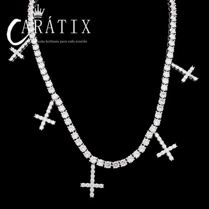 CARÁTIX Hip Hop Iced Out 1-Row CZ Tennis Chain Necklace with 5 CZ Cross Pendants – Luxury Jewelry for Men & Women