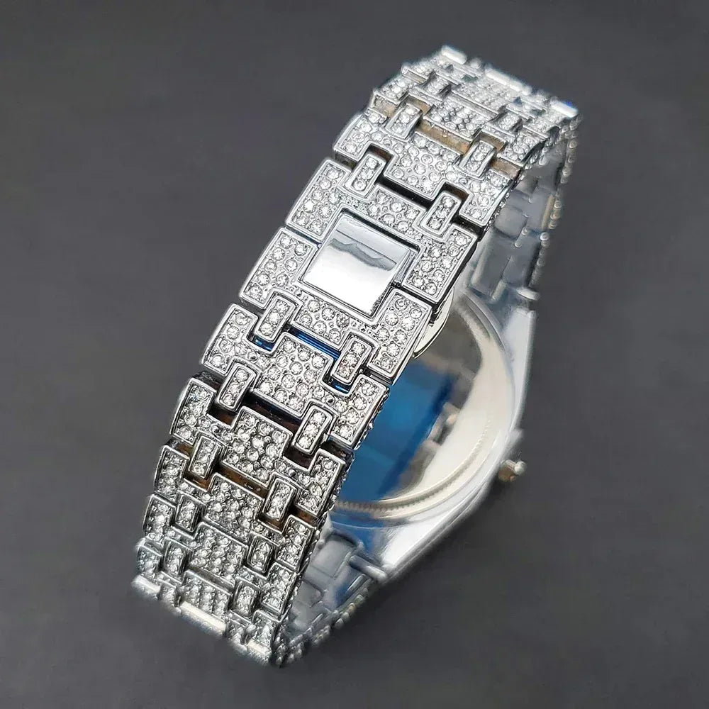 Luxury Octagonal Gold Watch for Men | Blue Numerals Full Iced Out Watch | Waterproof Calendar Hip Hop Wristwatch | Caratix - CaratixJewelry