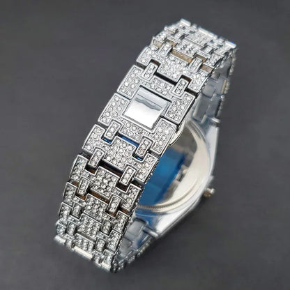Luxury Octagonal Gold Watch for Men | Blue Numerals Full Iced Out Watch | Waterproof Calendar Hip Hop Wristwatch | Caratix - CaratixJewelry