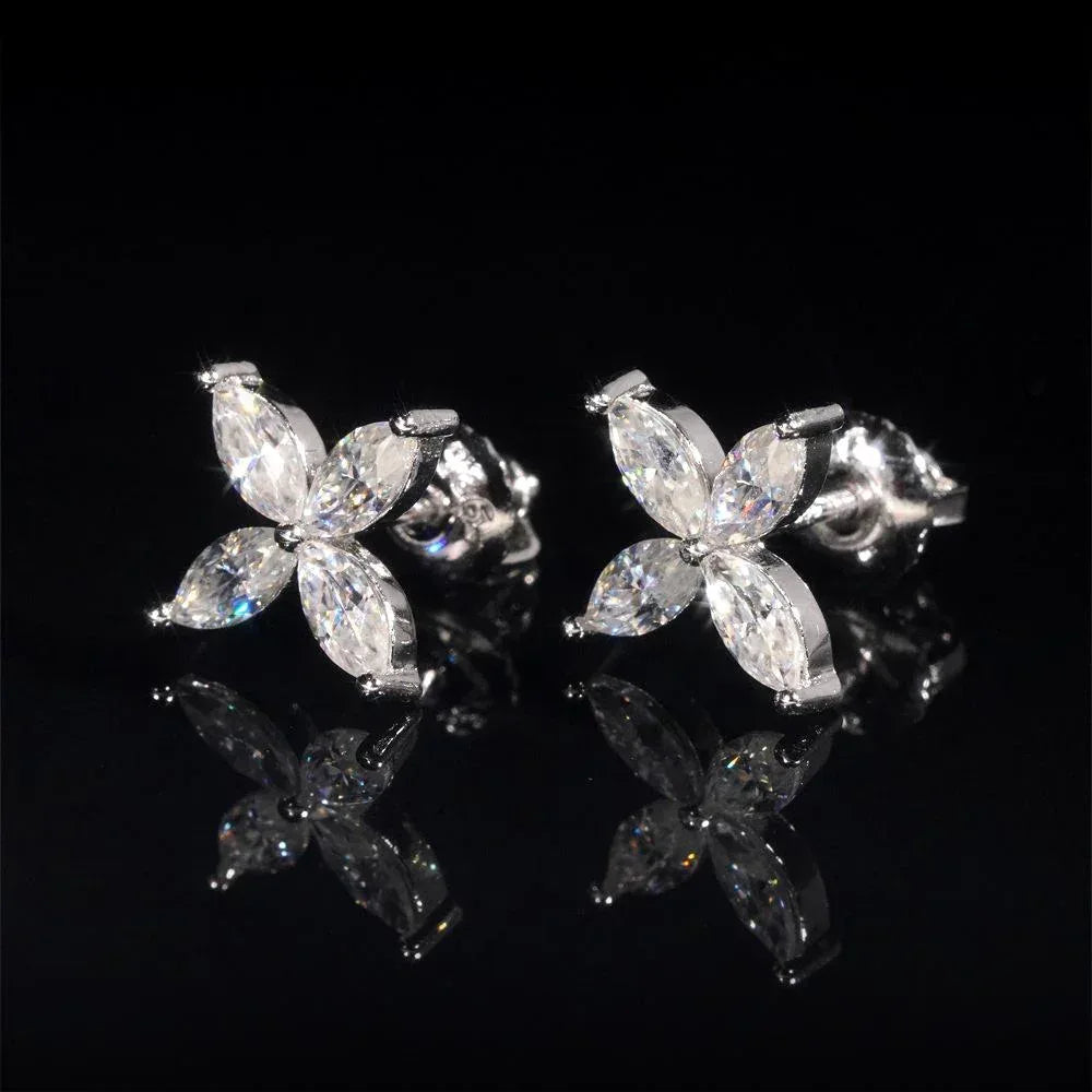925 Silver Moissanite Look Floral Stud Earrings Unisex - CaratixJewelry