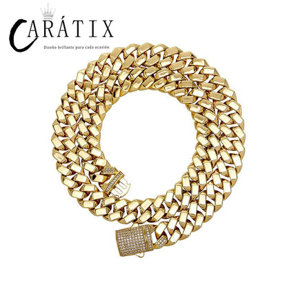 CARÁTIX 12mm Iced Out Cuban Link Chain Necklace – Hip Hop Bling Jewelry for Men | Gold Rhombus Miami Chain Gift