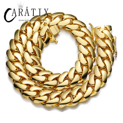 CARÁTIX 10-22mm Wide Round Cuban Miami Link Chain Necklace – Golden Hip Hop Jewelry for Men & Women
