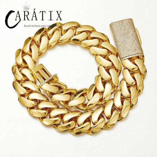 CARÁTIX Golden Stainless Steel Cuban Chain | Iced Out Dense Link Hip Hop Necklace for Men