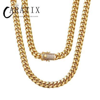 CARÁTIX 10MM Stainless Steel Miami Cuban Chain Necklace – Hip Hop Iced Out Jewelry with CZ Zircon for Men & Women