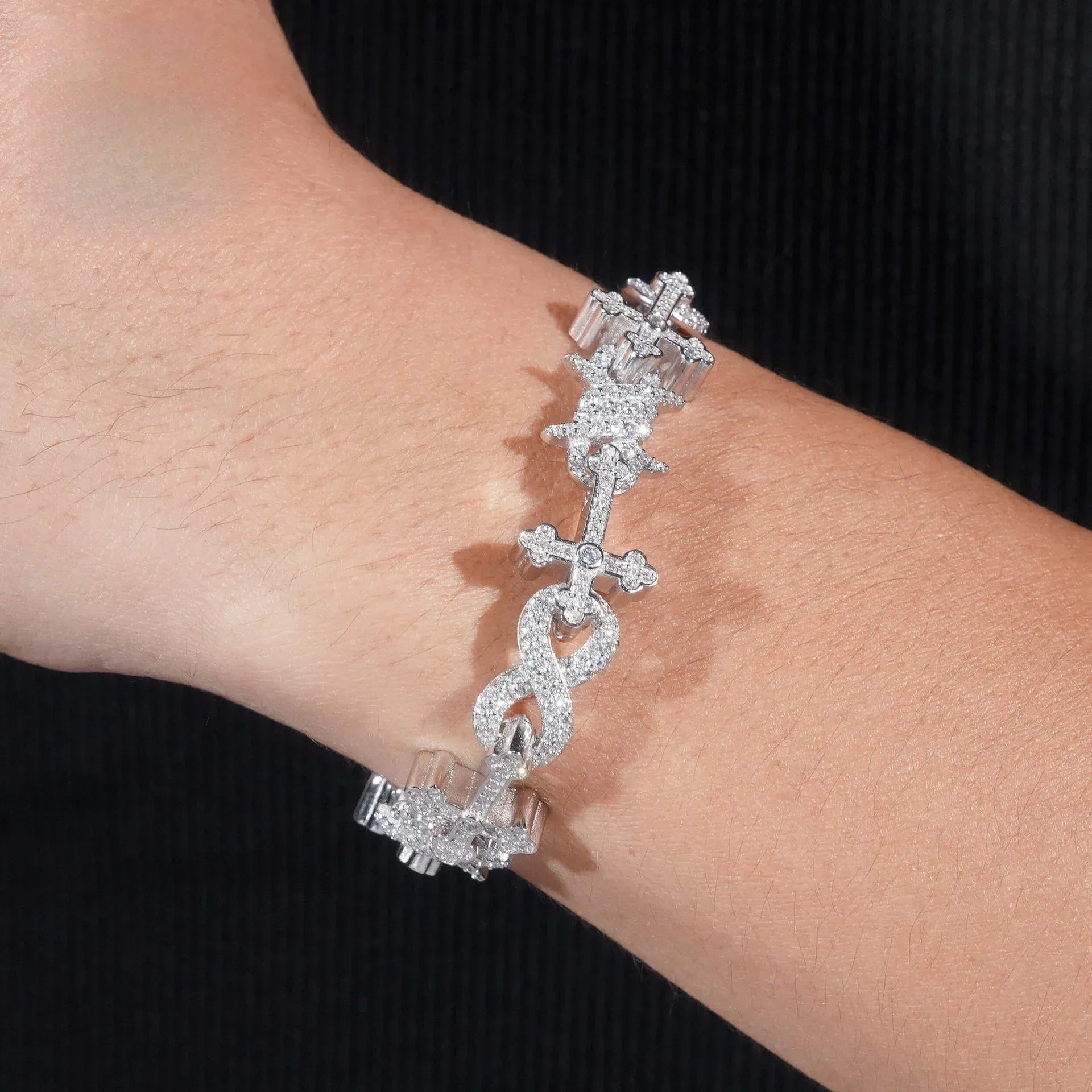 12mm Moissanite Cross Cuban Link Bracelet – S925 Sterling Silver Iced-Out Hip Hop Jewelry with Figure-8 Clasp - CaratixJewelry