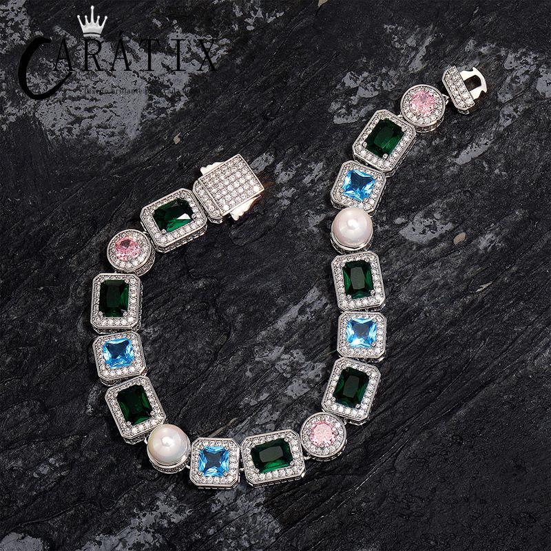 CARÁTIX - 10mm Wide Hip Hop Bling Iced Out Pearl and CZ Stone Paved Tennis Link Chain Cubic Zirconia Chokers Necklaces Men Jewelry Valentine's Day Gift for Men & Girls & Boys Mothers' Day Gift #Springtok