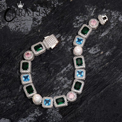 CARÁTIX - 10mm Wide Hip Hop Bling Iced Out Pearl and CZ Stone Paved Tennis Link Chain Cubic Zirconia Chokers Necklaces Men Jewelry Valentine's Day Gift for Men & Girls & Boys Mothers' Day Gift #Springtok