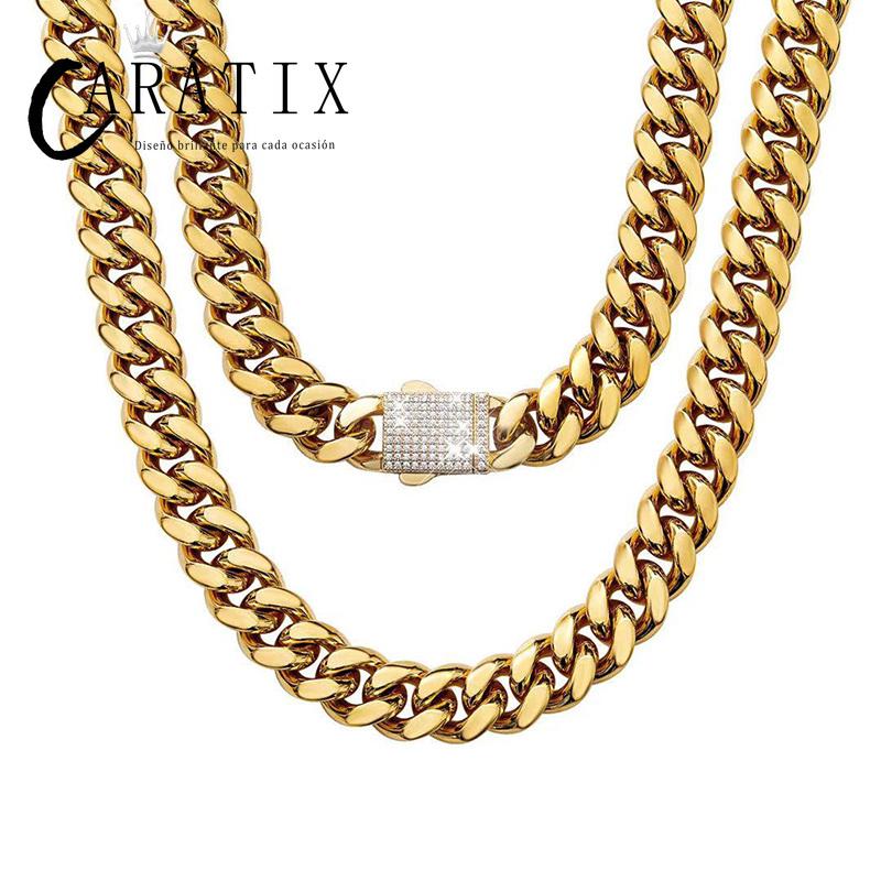 CARÁTIX 6–14mm Stainless Steel Cuban Link Chain Necklace – Heavy CZ Iced Out Hip Hop Jewelry for Men | Box Lock Rapper Chain