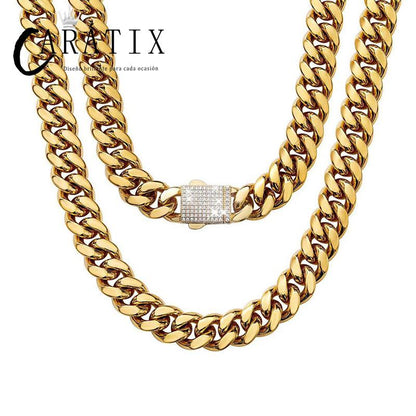 CARÁTIX 6–14mm Stainless Steel Cuban Link Chain Necklace – Heavy CZ Iced Out Hip Hop Jewelry for Men | Box Lock Rapper Chain