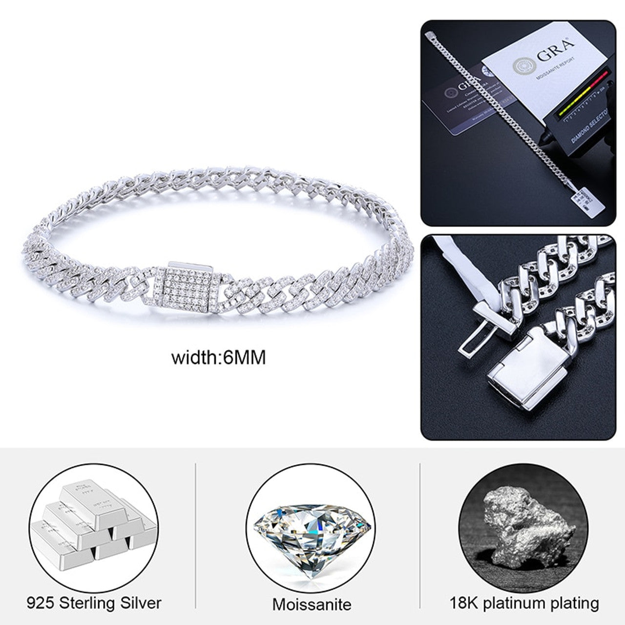 6mm Solid 925 Silver Genuine VVS Diamond Cuban Link Hip Hop Bracelets Chains