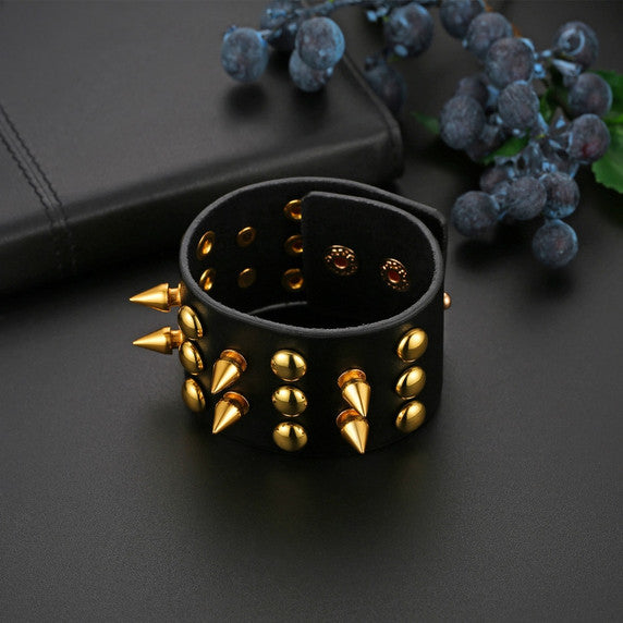Personality Streetwear Punk Goth Rock Spiked Riveted Wide Leather Cuff Bracelets – Statement Accessories