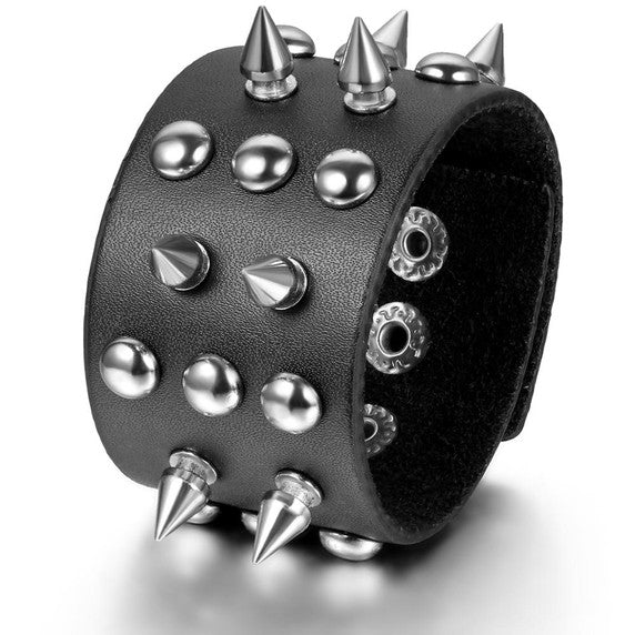 Personality Streetwear Punk Goth Rock Spiked Riveted Wide Leather Cuff Bracelets – Statement Accessories