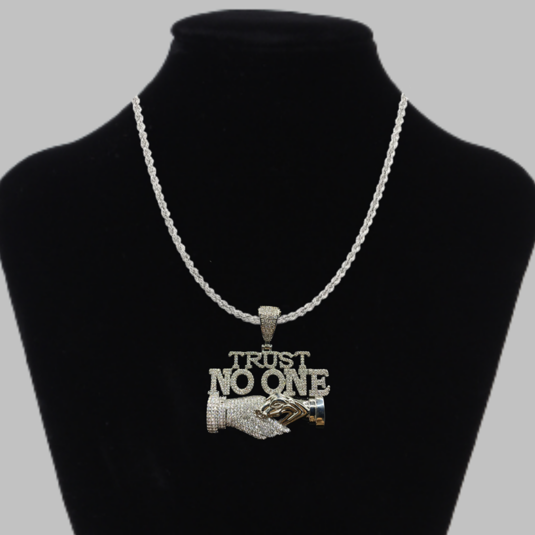 Trust No One Iced Out Letter Diamond Pendant Necklace – Custom Hip Hop Jewelry for Men