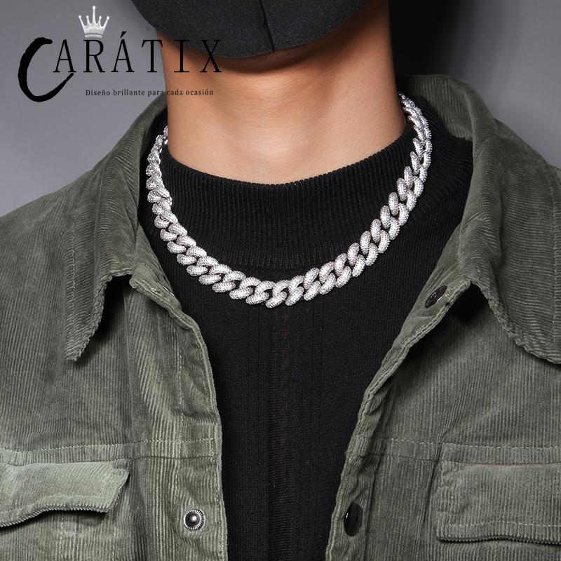 CARÁTIX - Hip Hop 5A+ CZ Stone Paved Bling Iced Out 14mm Solid Round Link Chain Necklaces for Men Rapper Jewelry Golden Silver Color Valentine's Day Gift for Men & Girls & Boys Mothers' Day Gift #Springtok