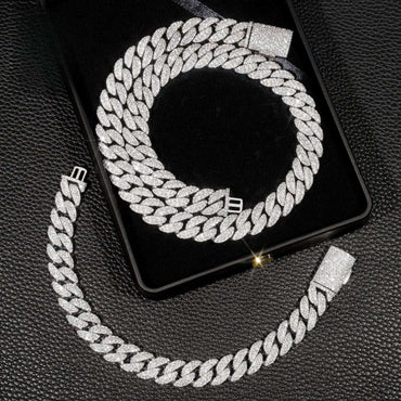12mm Double-Row Moissanite Cuban Link Necklace | S925 Silver Iced Out Hip Hop Chain - CaratixJewelry