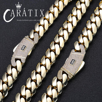CARÁTIX – 20mm Zircon Iced Out Brass Cuban Link Necklace | Hip Hop Round Mill Chain with Logo