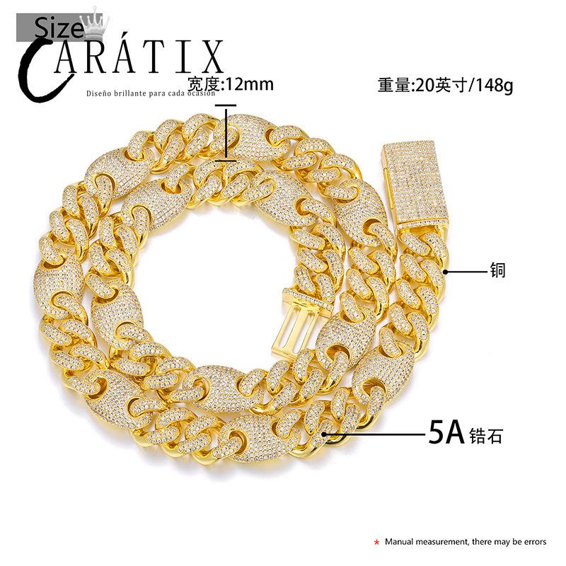 CARÁTIX 12mm Coffee Bean Cuban Link Chain Necklace – 5A CZ Iced Out Hip Hop Bling Jewelry for Men | Rapper Gift