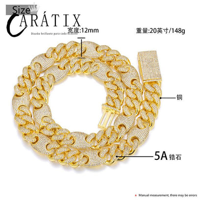 CARÁTIX 12mm Coffee Bean Cuban Link Chain Necklace – 5A CZ Iced Out Hip Hop Bling Jewelry for Men | Rapper Gift