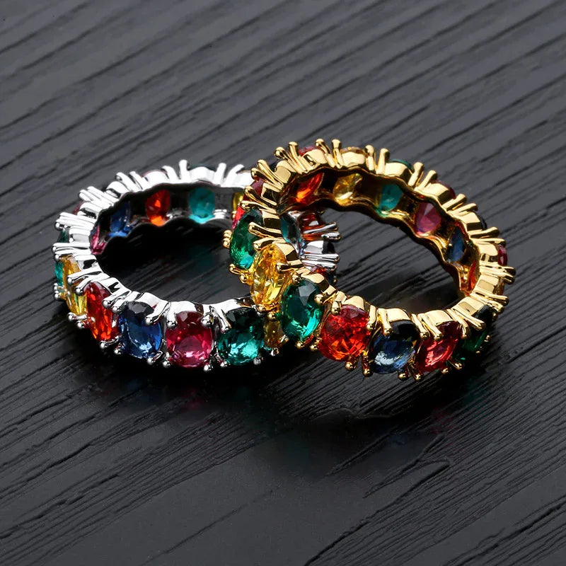 Dainty Rainbow Eternity Ring | Slim Iced Out Hip Hop Band | Caratix