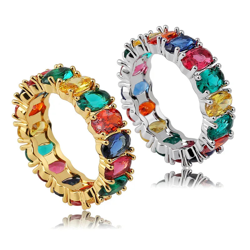 Dainty Rainbow Eternity Ring | Slim Iced Out Hip Hop Band | Caratix