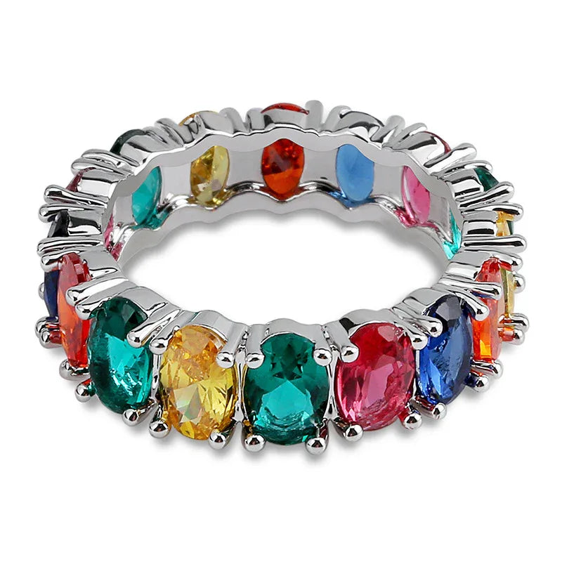 Dainty Rainbow Eternity Ring | Slim Iced Out Hip Hop Band | Caratix